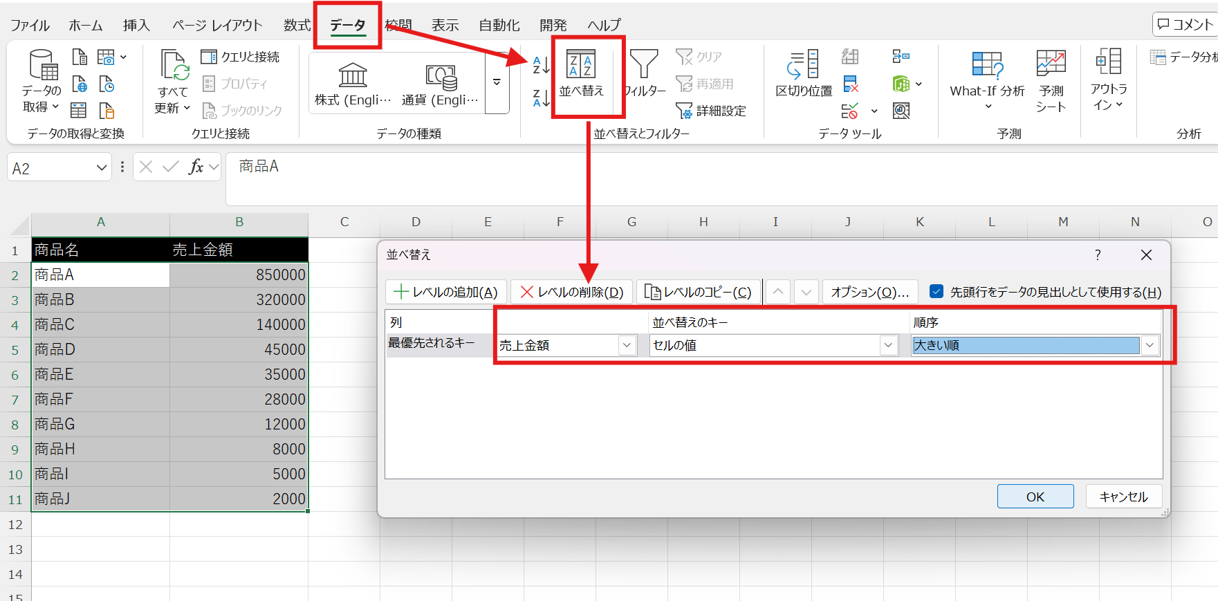 データを準備して売上順に並べ替える（降順）